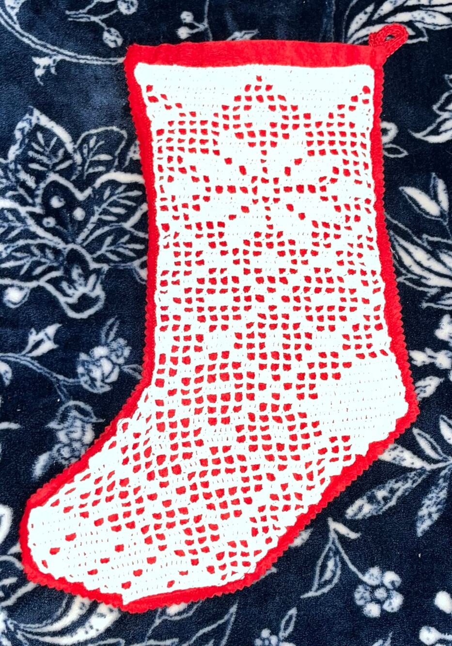 Vintage Handmade Crochet Christmas Stocking featuring a snowflake pattern.